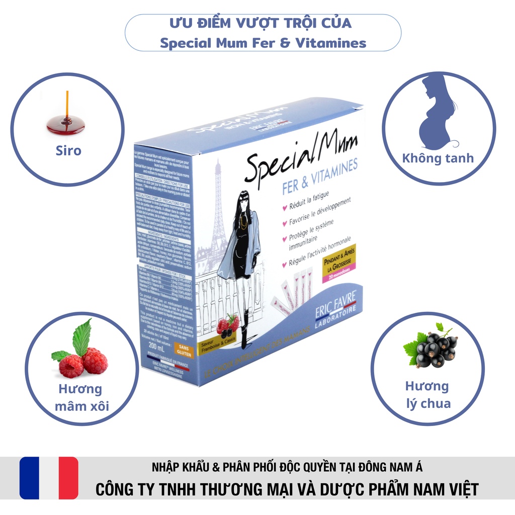 Sắt hữu cơ, Vitamin cho phụ nữ trước, đang mang thai và cho con bú - Special Mum Fer &amp; Vitamines - Hộp 20 gói [Pháp]