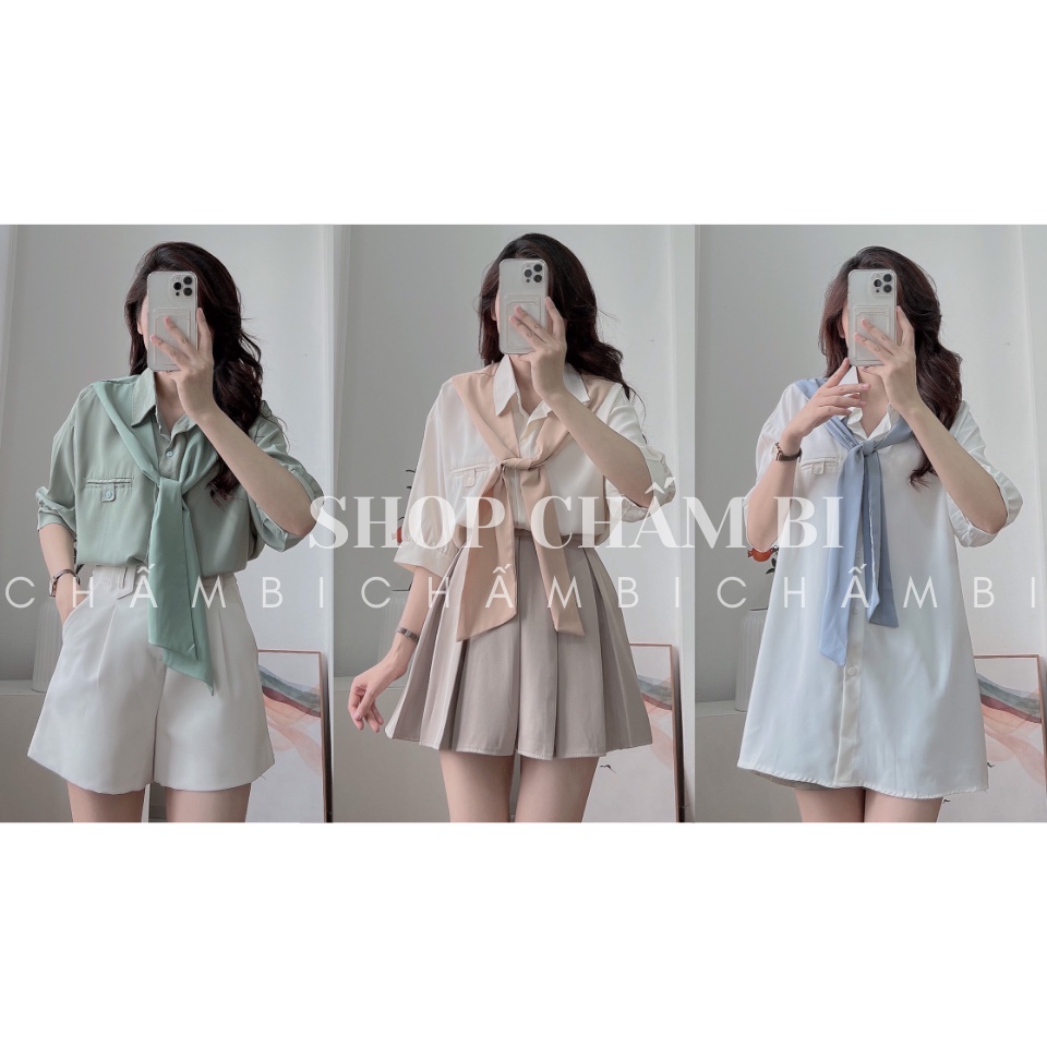 Áo sơ mi style Hàn Quốc A.333, Áo kiểu cộc tay cổ khăn quàng phong cách đơn giản ngọt ngào - Thời trang shop Chấm Bi