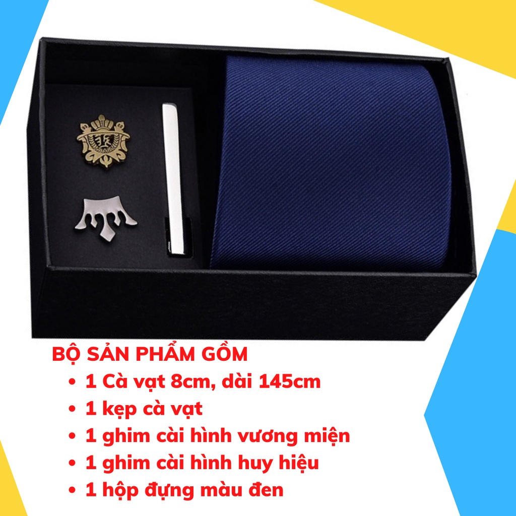 Set cà vạt bản to 8cm làm quà tặng cho Nam gồm cà vạt, kẹp cà vạt, ghim cài áo đóng hộp lịch sự CCV-28