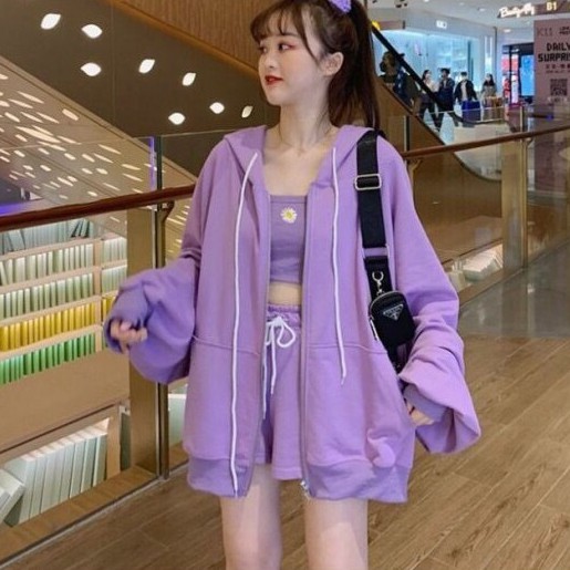SET HOODIE 3 MÓN : ÁO 2 DÂY HOA CÚC TÍM + QUẦN ĐÙI + ÁO KHOÁC NỈ SET ULZZANG