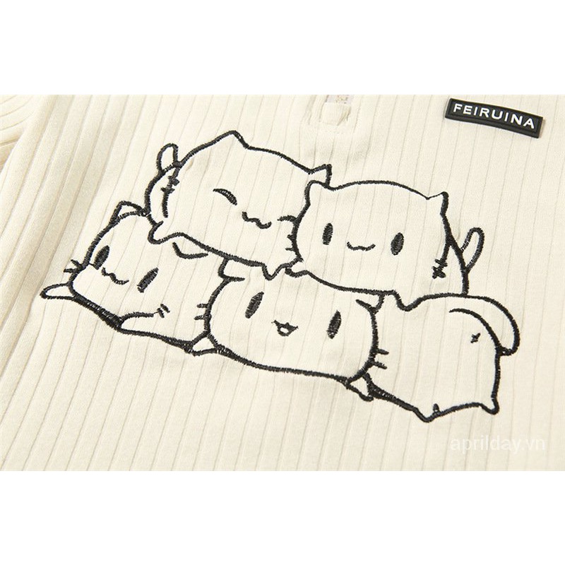 Áo thun polo có găng tay rời thêu hình mèo con dễ thương cho nữ