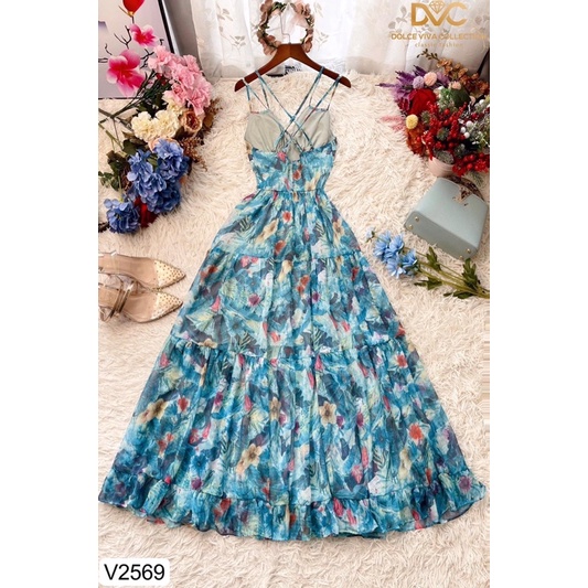 V2569 váy maxi hoa xanh