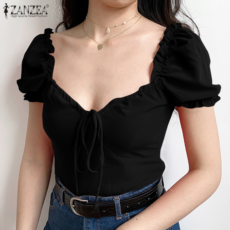 Áo Nữ ZANZEA Cổ Tim Dáng Tay Ngắn Thời Trang Dạo Phố/ Có Độ Co Giãn Mềm Mại