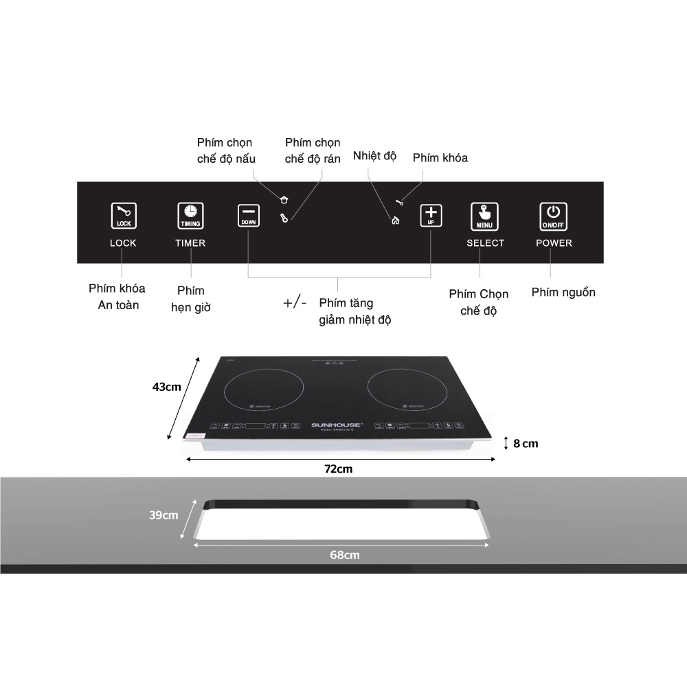 Bếp đôi điện từ Sunhouse SHB9108-S - Bảo hành 3 năm tại nhà