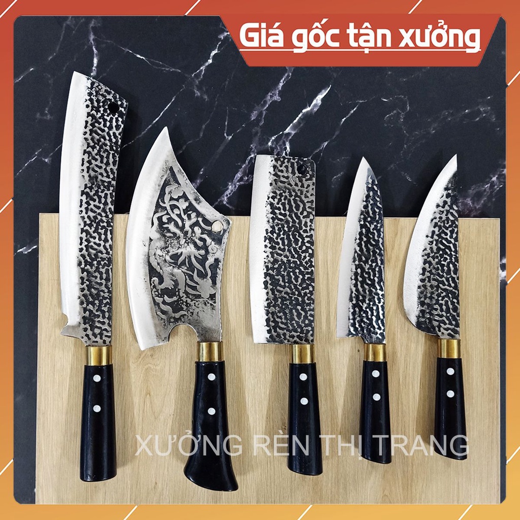 Bộ Dao Nhà Bếp Thép Nhíp - Dập Vân 2 Mặt, Dùng Chặt Cây, Chặt Xương, Thái Gọt