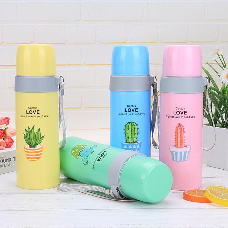 Bình nước bò 2 lớp 500ml BN24 chai nước xương rồng cute dễ thương