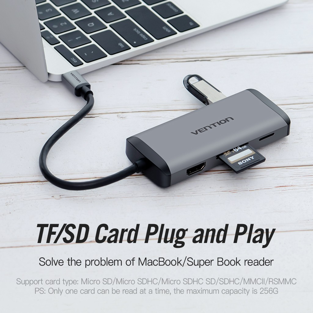 Thiết bị chia cổng sạc VENTION 4K UHD Type-c HDMI/3 USB3.0 /RJ45 1000Mbps/ TF/SD/ PD 4 trong 1 tiện dụng