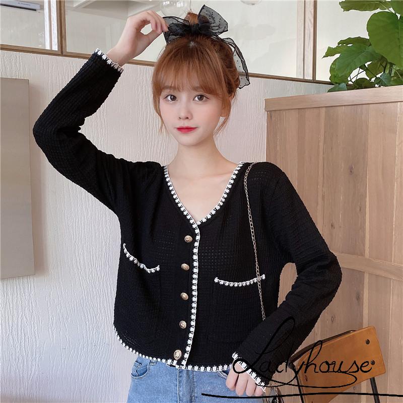 Áo khoác cardigan dệt kim cổ chữ V tay dài dáng rộng phối túi thanh lịch cho nữ