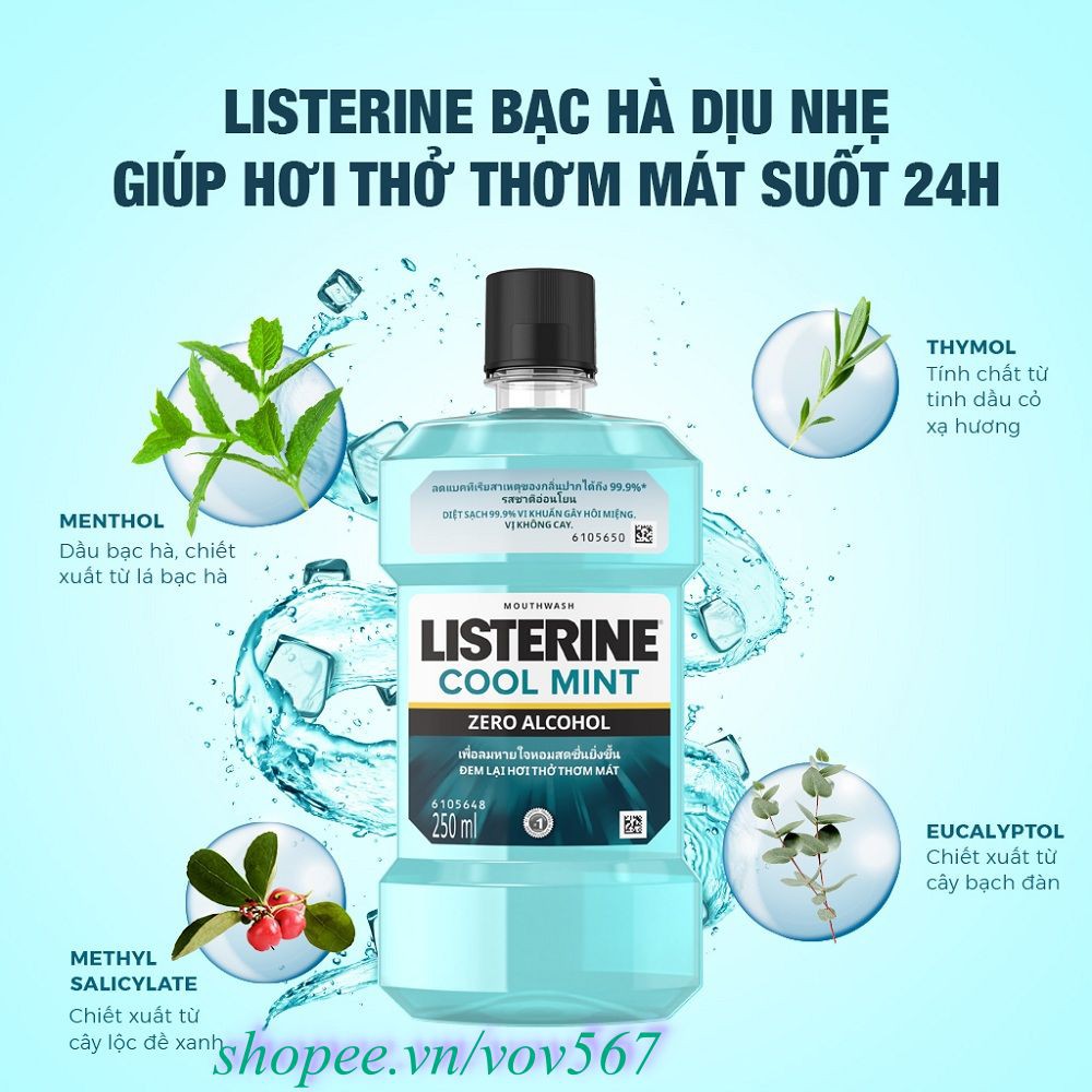 Nước Súc Miệng 250Ml Listerine Cool Mint Zero Alcohol, vov567 100% Là Hàng Chính Hãng.