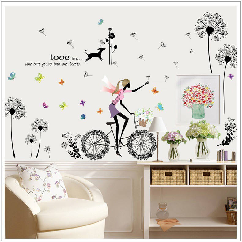 Decal dán tường Cô gái và hoa bồ công anh đen AmyShop DKN109 (93 x 170 cm)