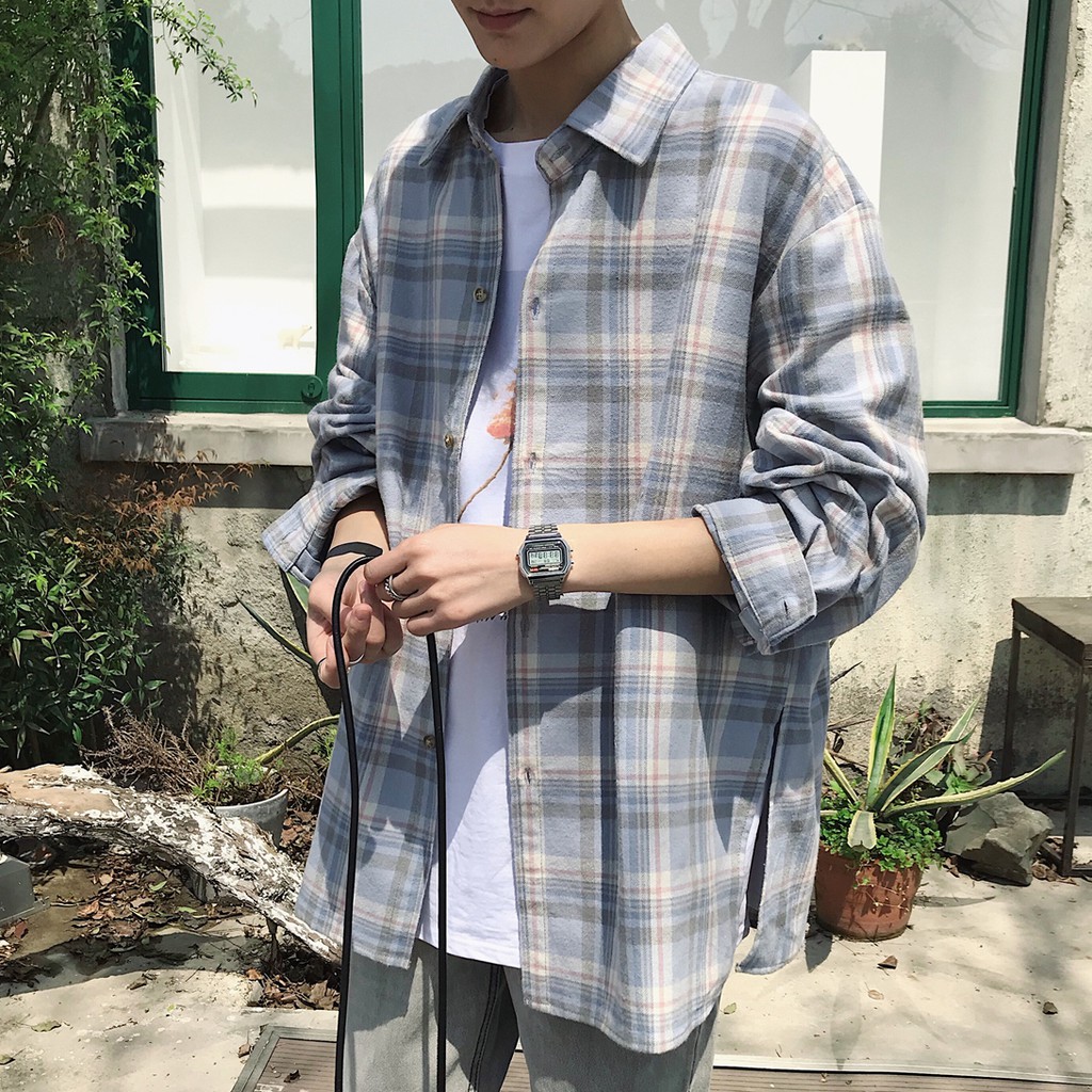Áo sơ mi tay dài kẻ sọc caro trẻ trung thời trang phong cách Hàn Quốc cho nam