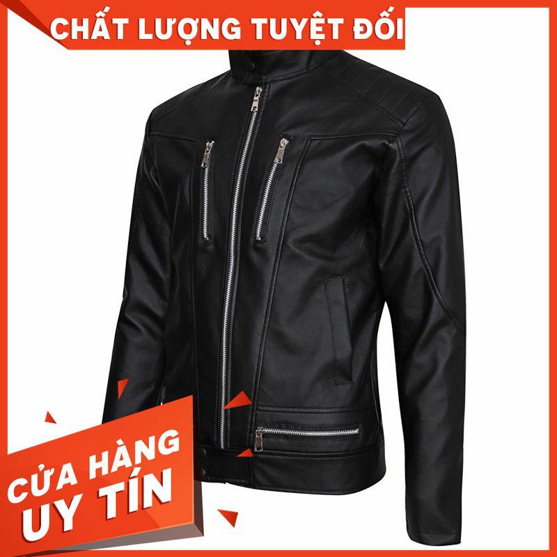 Áo khoác da nam lót dù bên trong phối khóa kéo ngực cao cấp Pigofashion PGAD23 đen Pigomen