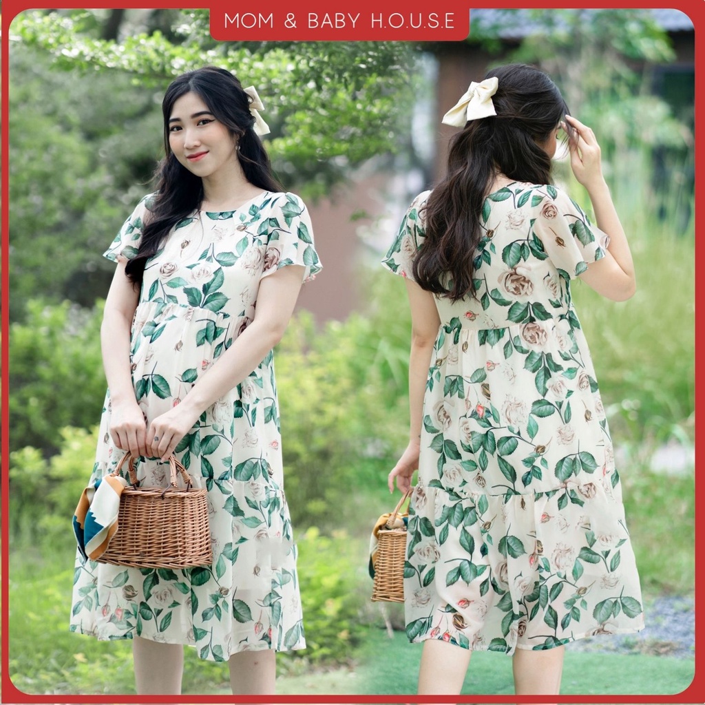 Celia Dress - Đầm bầu voan tơ babydoll họa tiết lá nhẹ mát mùa hè