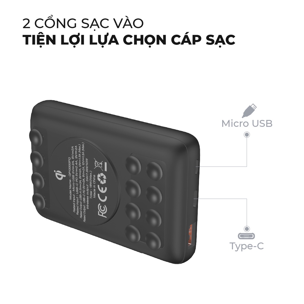 Sạc Dự Phòng Không Dây 10.000 MAH Hỗ Trợ Cốc Hút dính Chắc Chắn tiện lợi khi mang đi k sợ bị rơi bảo hành 24 tháng