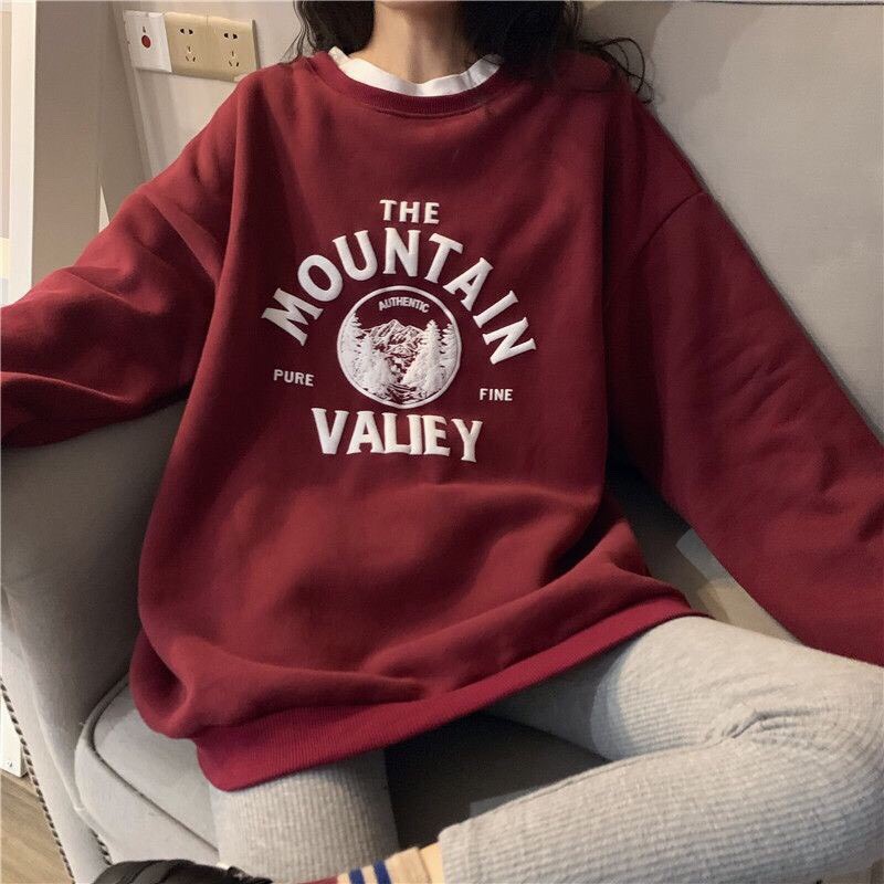 Áo Sweater dài tay 2 màu đỏ trắng dáng Oversize Ulzzang Hàn Quốc/Áo Nỉ Dài Tay Sweater mountain Dáng Unisex Siêu Chất