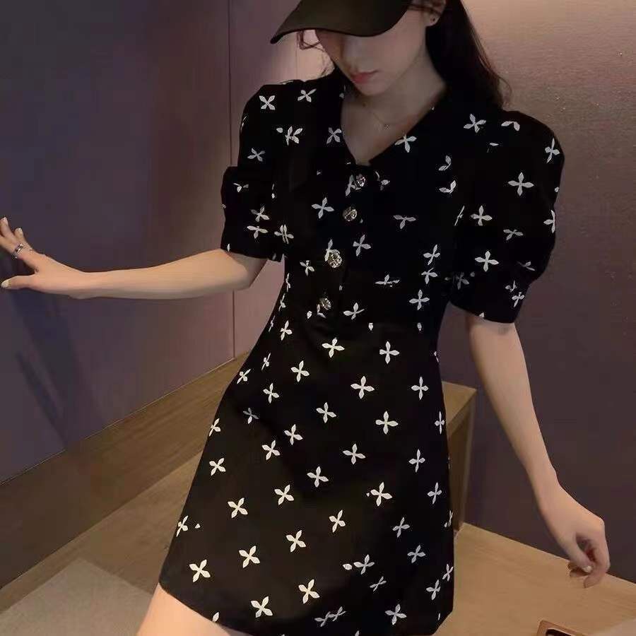 Váy chữ A tay ngắn in họa tiết kiểu Pháp mùa hè 2022 mới cho nữ