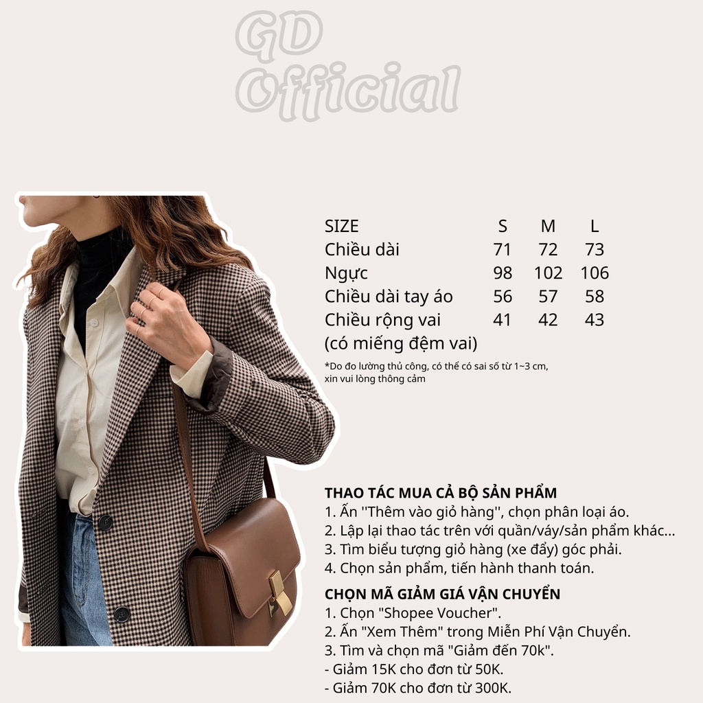 K41|Áo blazer nữ dáng vest tây khoác gió retro dài tay sọc caro nâu kaki rộng thụng suông trơn GD Official