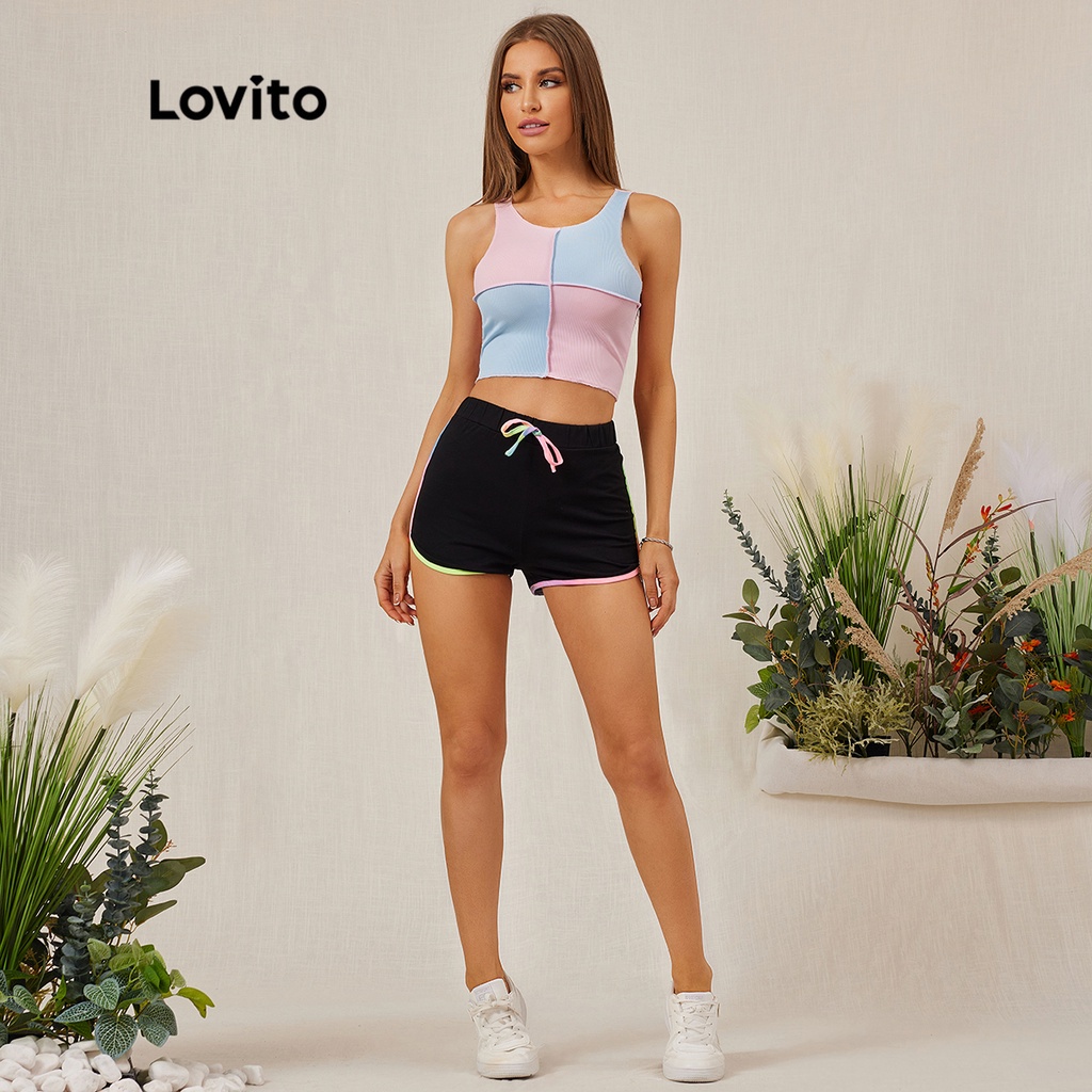 Áo sát nách Lovito ghép nối màu sắc cổ tròn màu trơn thường ngày L18D031 (Màu hồng)