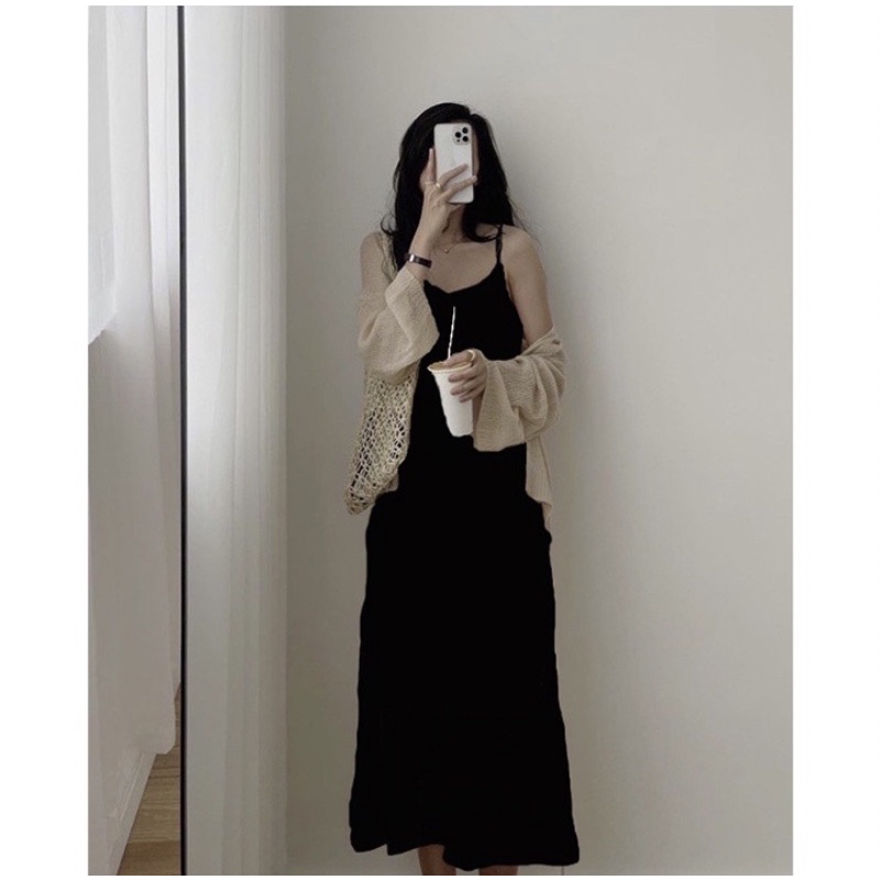 Sét váy 2 dây maxi kèm áo khoác ngoài mỏng nhẹ mặc đi biển xinh