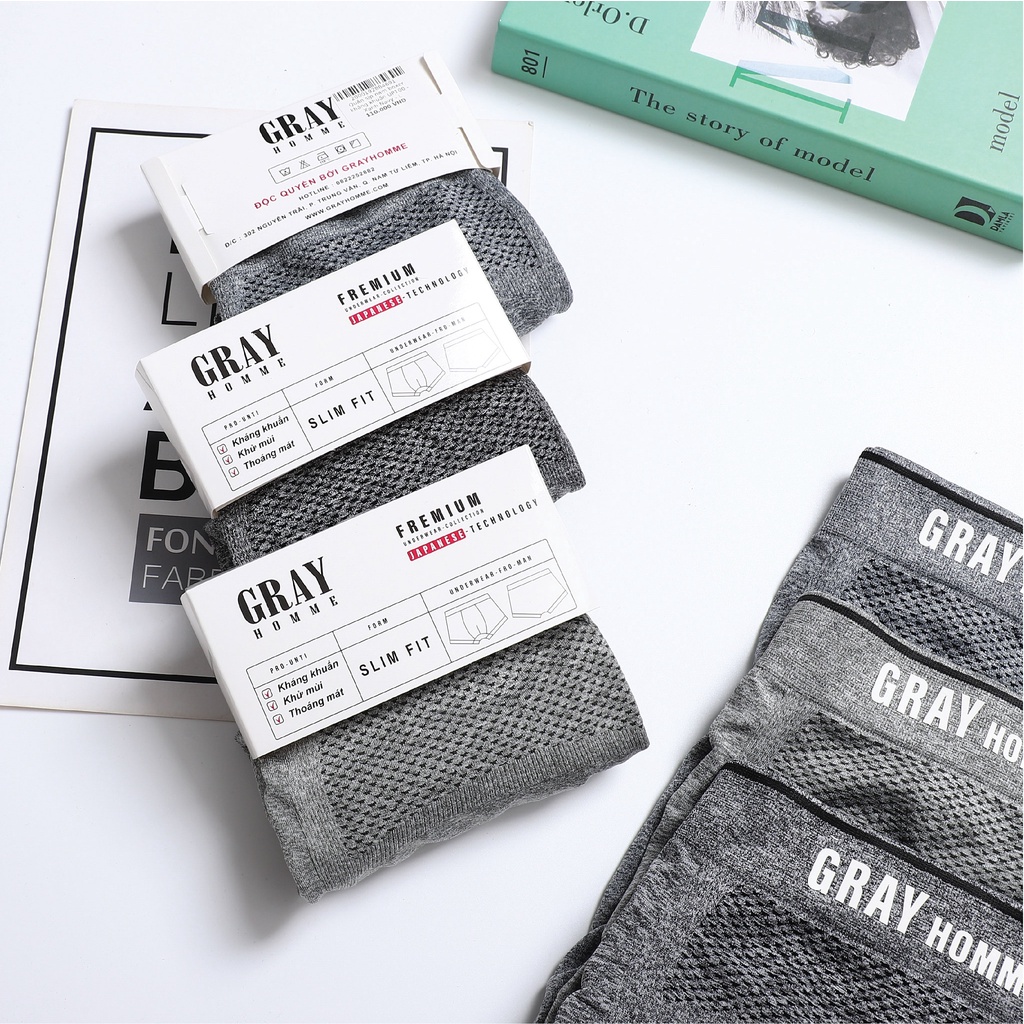 Quần sịp đùi Boxer nam GRAYHOMME vải dệt kim kháng khuẩn thấm hút cao cấp 100% thông hơi thoáng khí