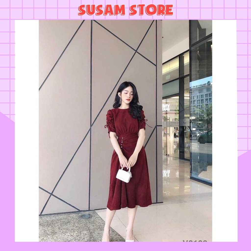 Váy nhung đỏ dáng dài đính cườm tay bồng dây rút SS016