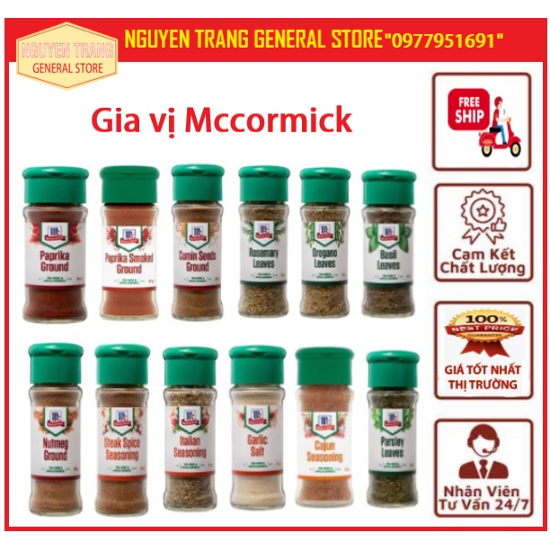 Gia vị Mccormick: húng tây, mùi tây, hương thảo oregano, thyme, parsley, cinamon, cumin, rosemary, seas