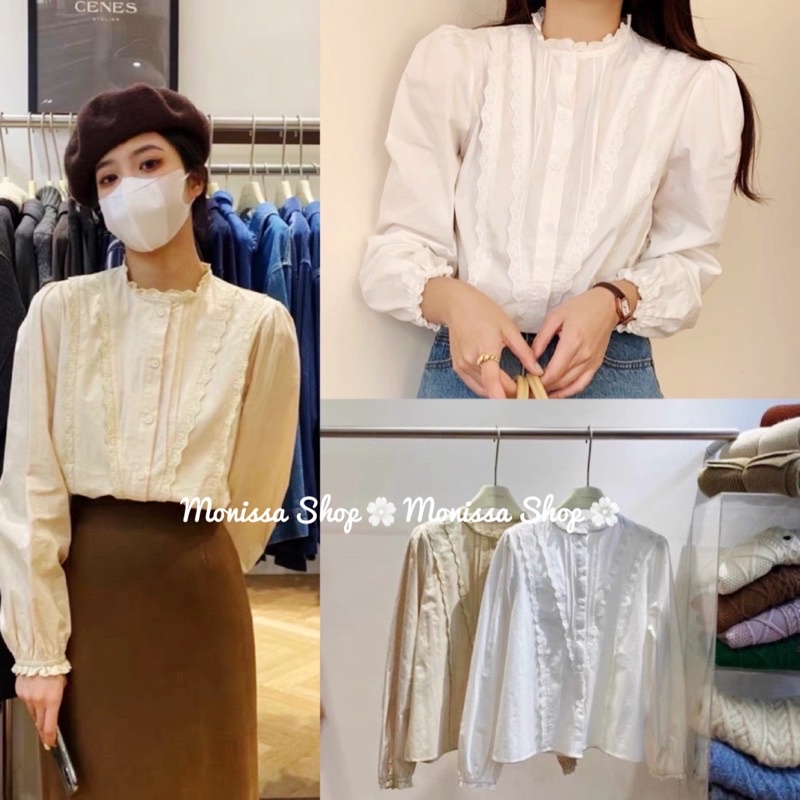 Áo kiểu viền ren hai màu be trắng
