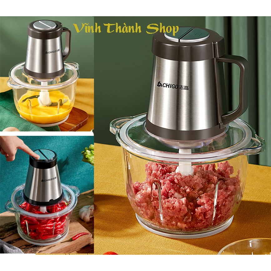 [Mã ELHA22 giảm 5% đơn 300K] Máy Xay Thịt, Tỏi, Ớt Đa Năng CHIGO 4 Lưỡi Inox 304 Dung Tích 2 Lít Bảo Hành 1 Đổi 1