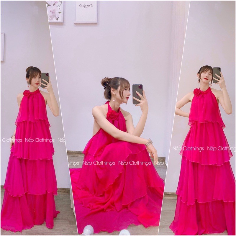 Váy maxi cổ yếm tầng kèm hoa