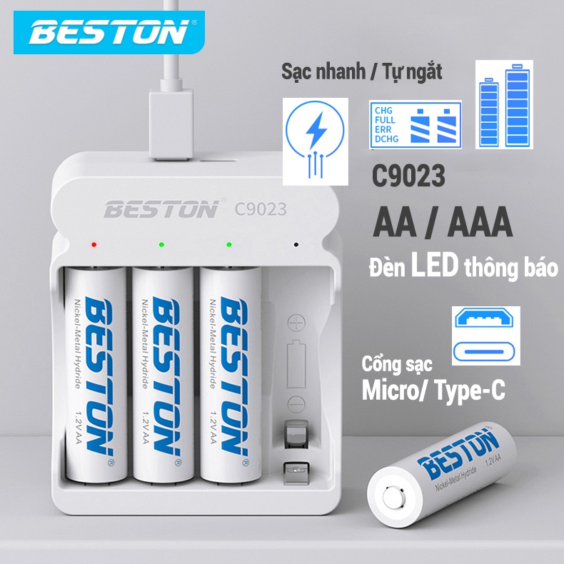 Sạc Pin AA AAA Beston C9023, mẩu mới 2023 sạc nhanh,tự ngắt khi đầy, đèn LED báo thông minh, dùng cho micro ,remote