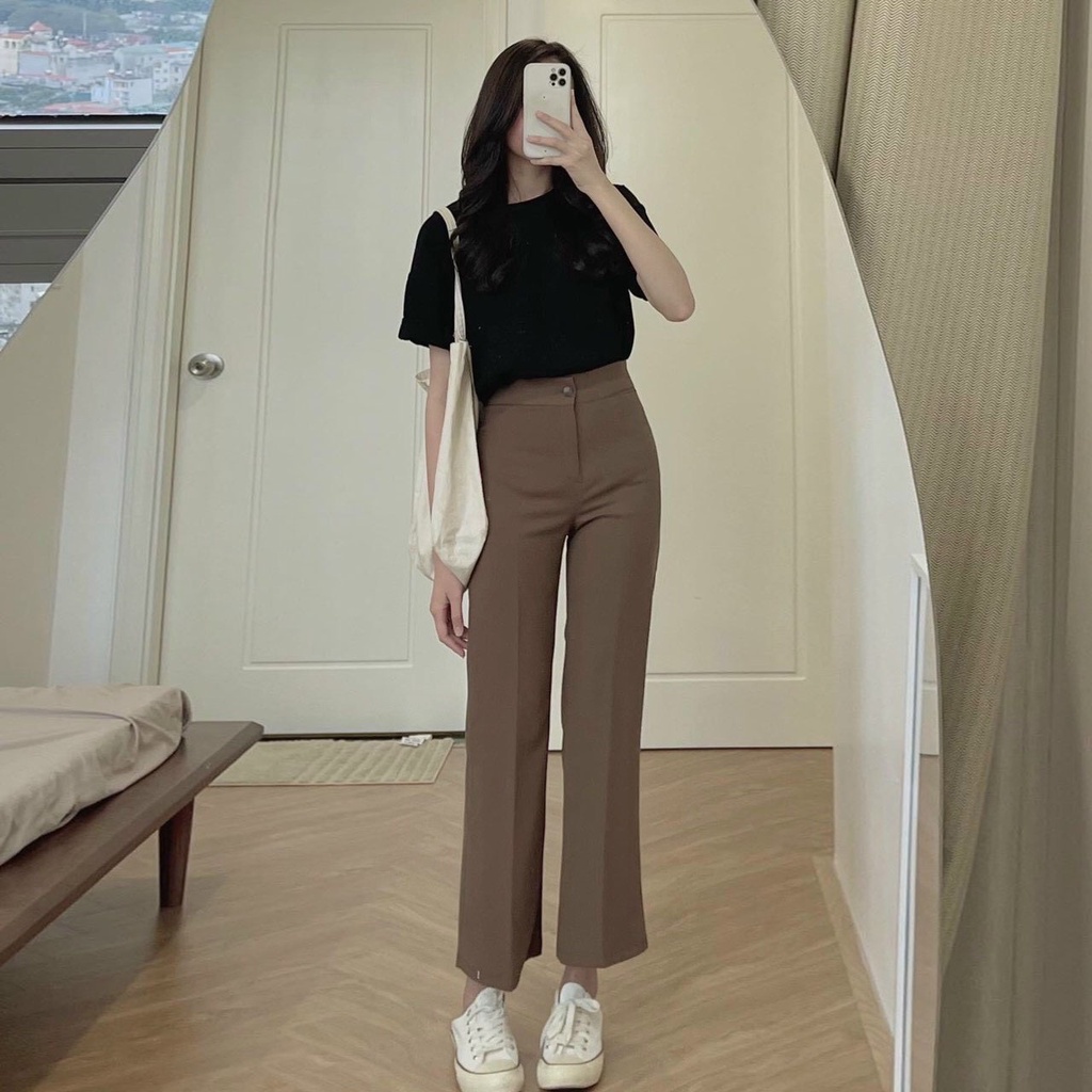 QNU 001A4 Quần Loe Nữ Cạp Cao 1 Khuy Lưng Cao Kiểu Dáng Ngắn Ailee