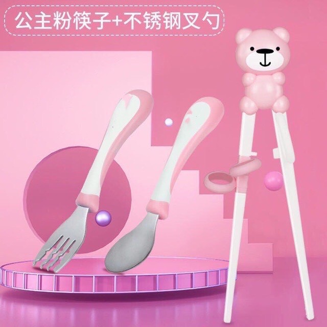 Sét đũa thìa dĩa tập ăn cho bé, sét đũa thìa dĩa inox Hàn Quốc cao cấp_Happybear