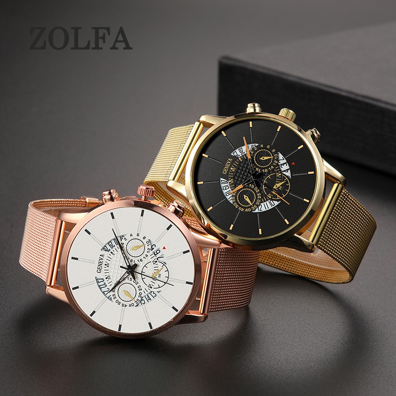 ZOLFA Luxury Gold Mens Mesh Belt Watch Business Date Ultra-Thin Men Quartz Wrist Watches Casual Black Male Analog Clocks Đồng hồ nam