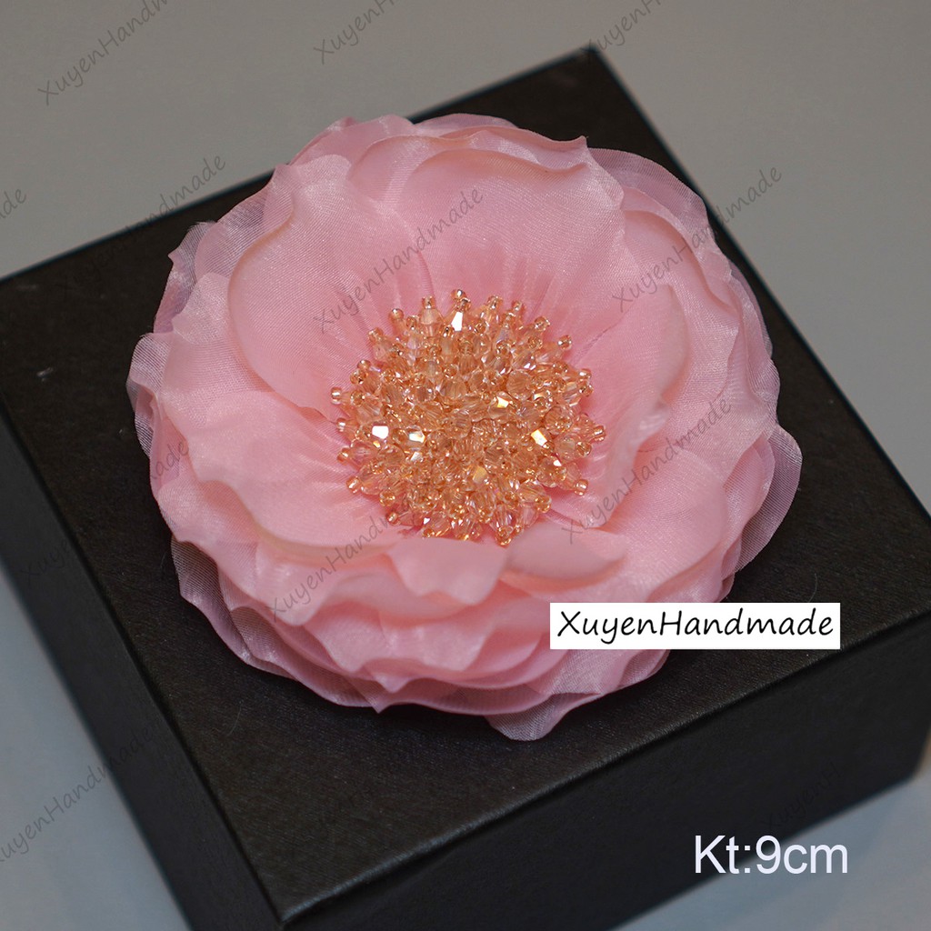 Hoa Hồng Cài Áo Handmade Nhụy Pha Lê Cao Cấp 9Cm (Cam Kết 100% Ảnh Do Shop Tự Chụp)Full Hộp