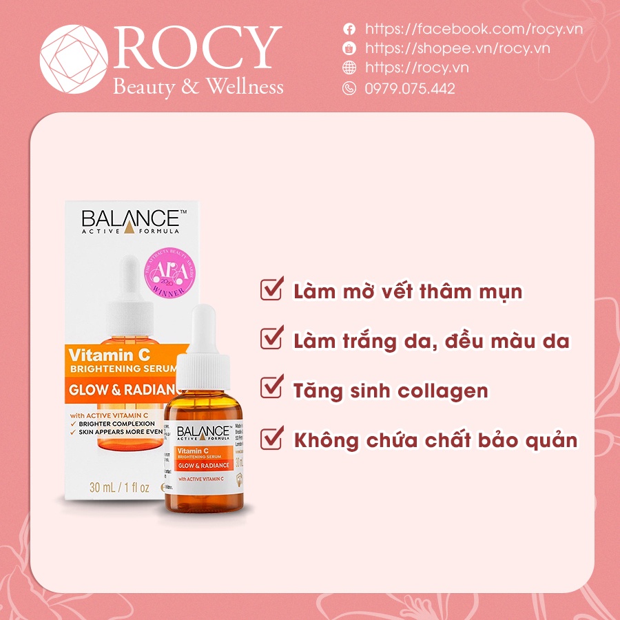 Serum Vitamin C Balance Brightening Glow &amp; Radiance Active Formula 30ml - Tinh Chất Sáng Da, Mờ Thâm Nám, Tàn Nhang