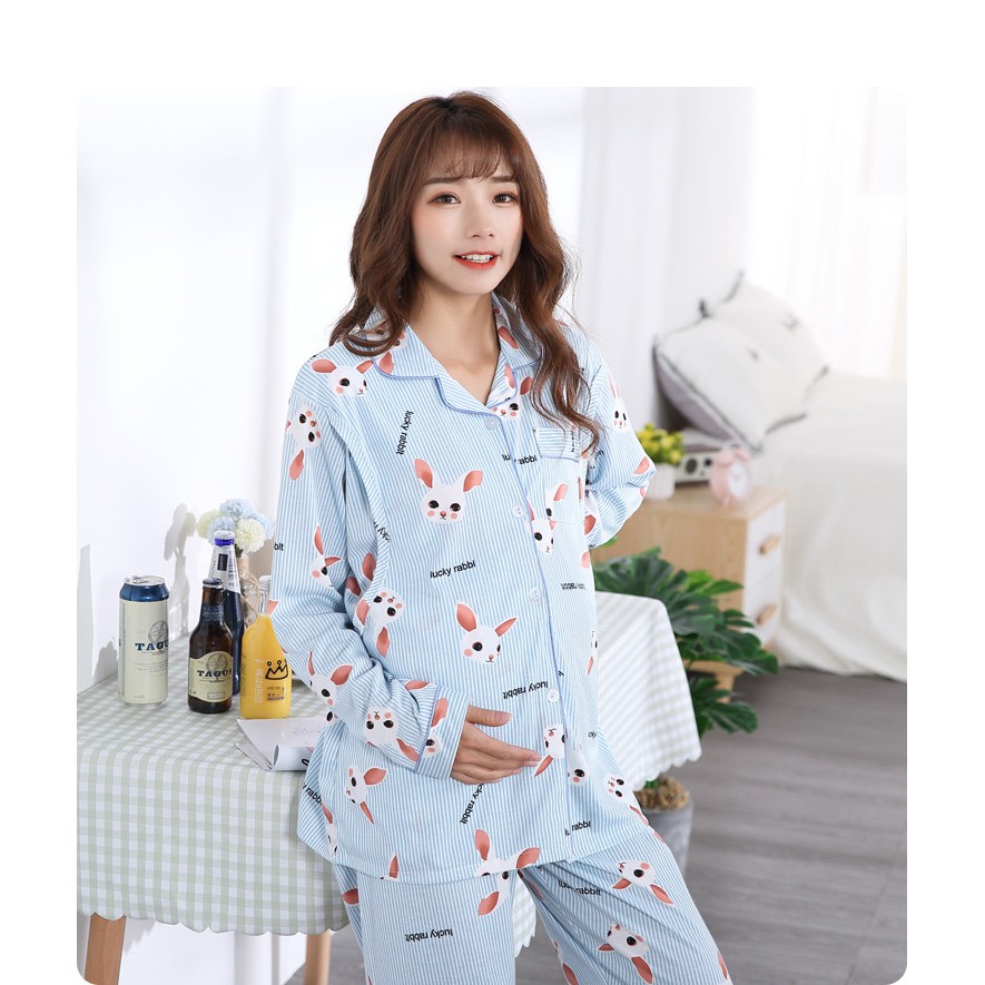 Đồ bộ bầu pijama bà bầu và sau sinh cho con bú ti dài tay thu đông mặc nhà có bigsize 80kg