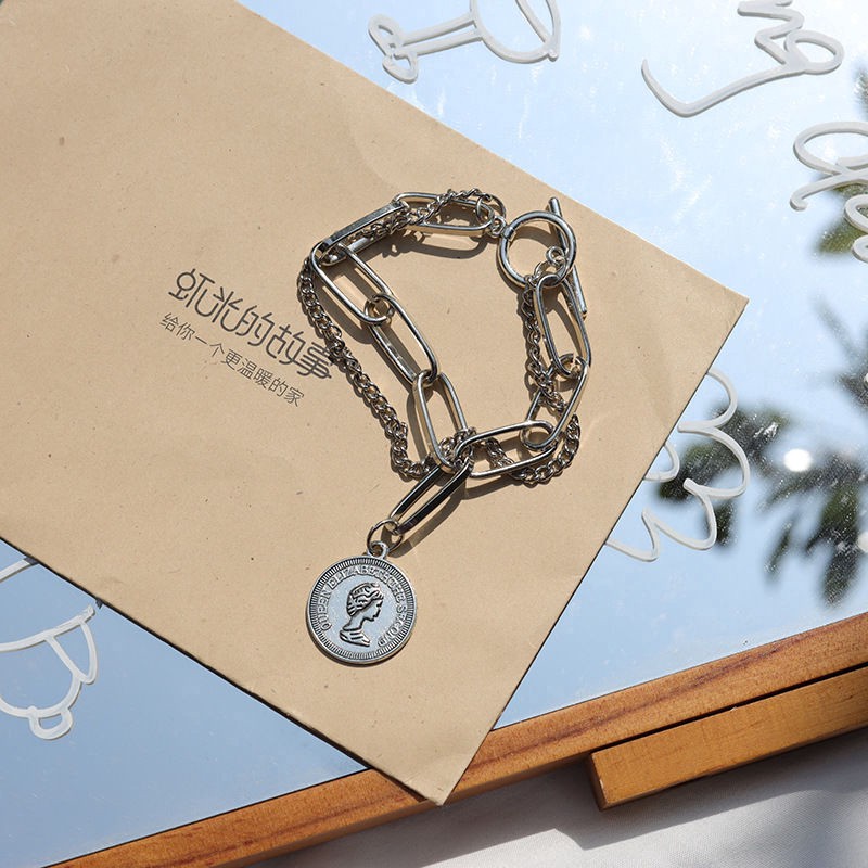 Vòng tay họa tiết đồng xu màu vàng họa tiết chân dung phong cách retro đơn giản độc đáo hàn quốc cho nam nữ 23442