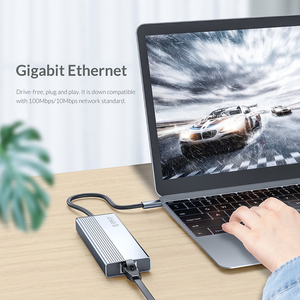 Đế cắm đa năng 5 trong 1 cổng Type C ra 1 cổng mạng LAN RJ45, 3 USB 3.0, 1 PD Type-C Orico 5SXRJ-GY - Hàng chính hãng
