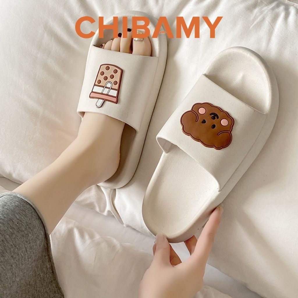Dép bánh mì nữ hình Gấu -Trà Sữa đế 3cm chống trơn CHIBAMY siêu cute mới 2022