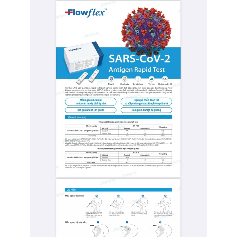 01 bộ Kit test nhanh Covid 19 kháng nguyên tại nhà chính hãng lấy dịch mũi Flowflex Acon