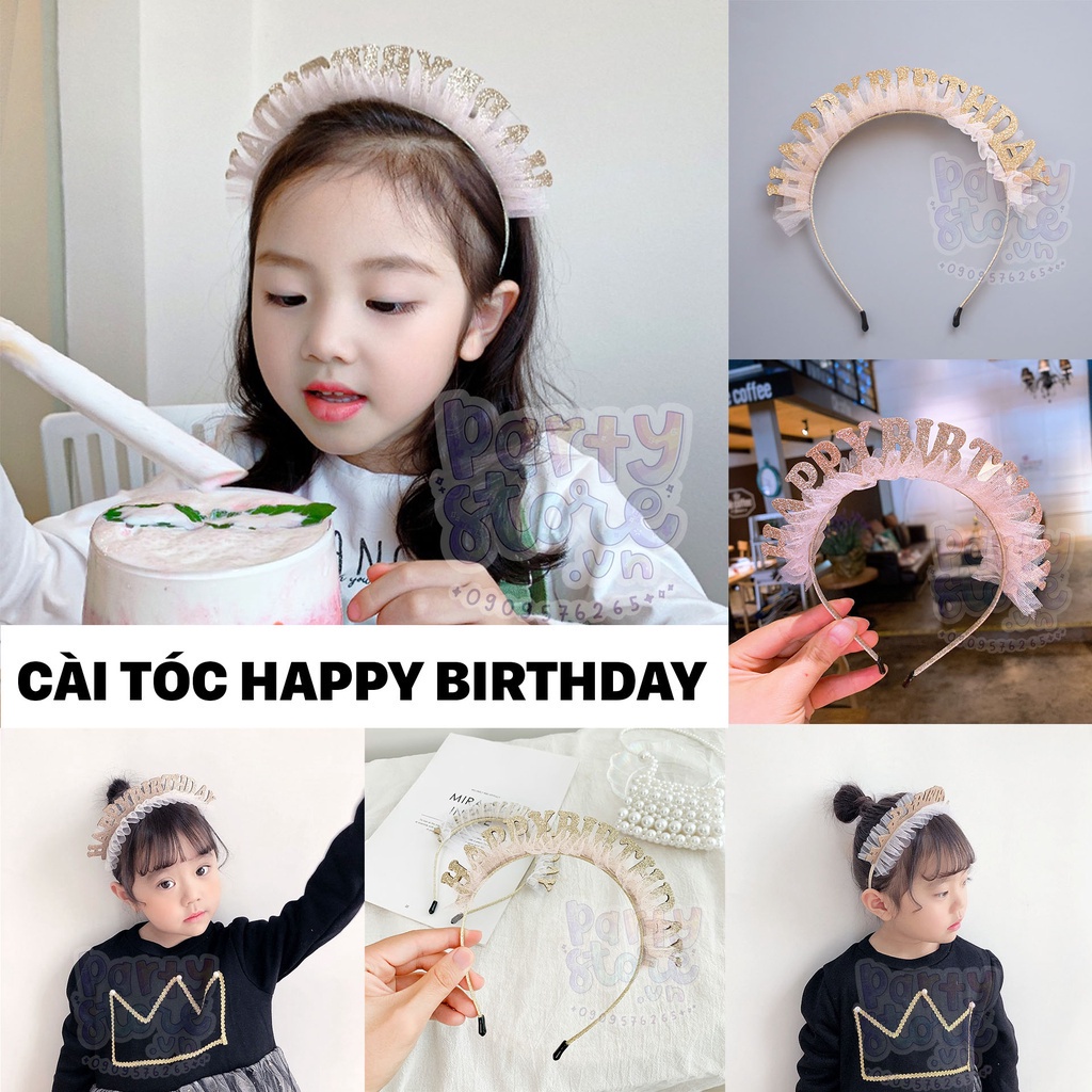 Bờm cài tóc chữ Happy Birthday, sinh nhật cho bé & người lớn, có kim tuyến và ren