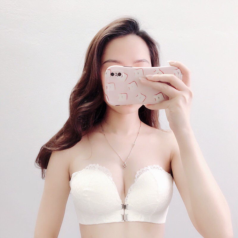 Áo lót không dây ren lót su bàn tay cài trước đệm vừa nâng ngực chống tụt