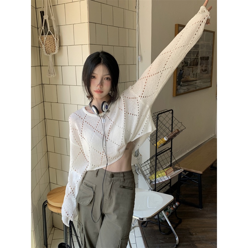 Xiaozhainv Áo Croptop Dệt Kim Tay Dài Chống Nắng Dáng Rộng Kiểu Hàn Quốc Xinh Xắn Cho Nữ