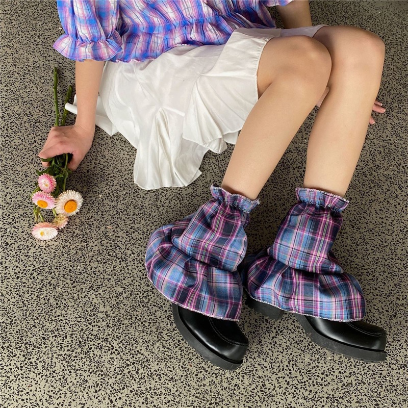 Xixi Vớ Ống Ngắn Phối Bèo Họa Tiết Sọc Caro Phong Cách Gothic Harajuku Cổ Điển