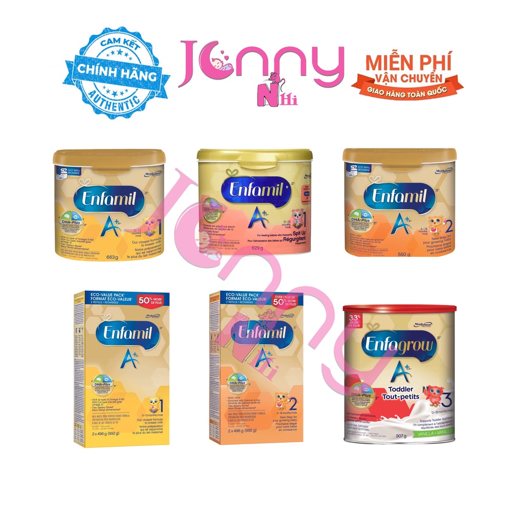 Enfamil A+ Canada đủ số 1,2,3 hộp giấy, thiếc, nhựa 550g / 992g