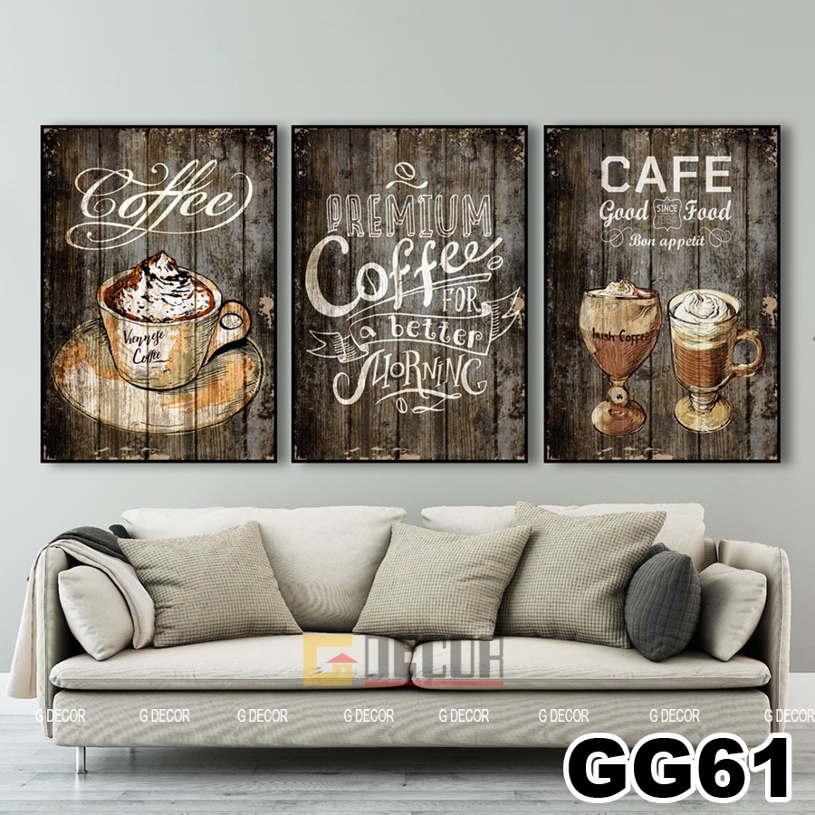 Tranh treo tường canvas khung gỗ 3 bức phong cách hiện đại Bắc Âu 192, tranh hoa quả trang trí phòng khách, quán cà phê