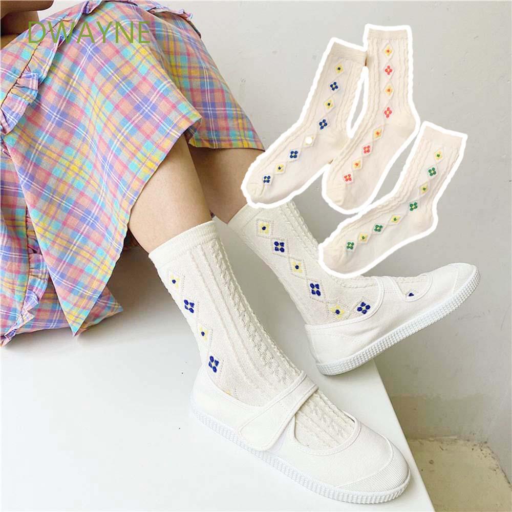 Đôi Vớ Cotton Màu Trắng In Họa Tiết Hoa / Hình Thoi Dễ Thương Dành Cho Nữ
