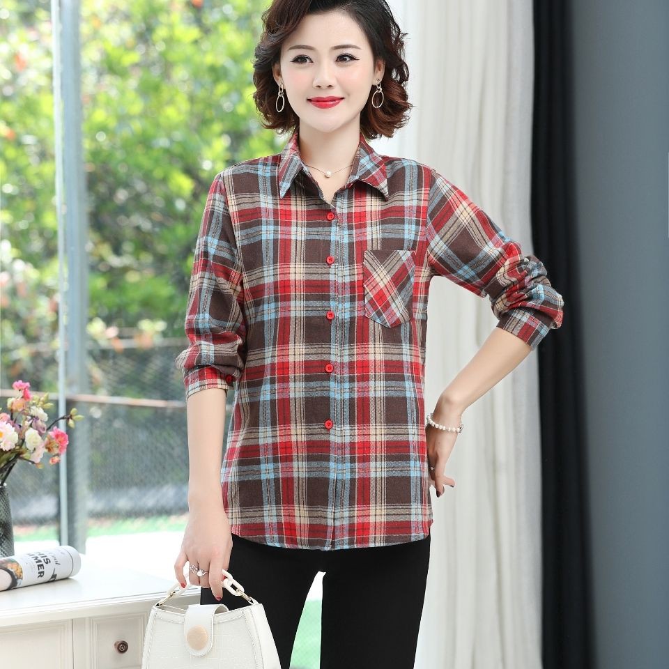 Spring and summer new products cotton sanding plaid shirt middle-aged women's long-sleeved Korean version of loose loose all-match casual women's blouse mother dress