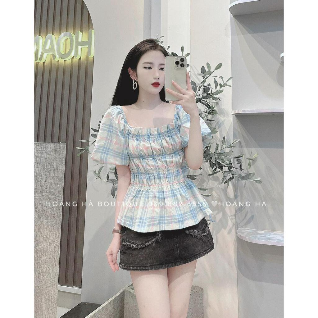 Áo kiểu nữ, áo kẻ cộc tay phồng nữ bo chun ngực, cổ vuông dáng ngắn xòe thời trang hot trend NGOCDIEP BOUTIQUE