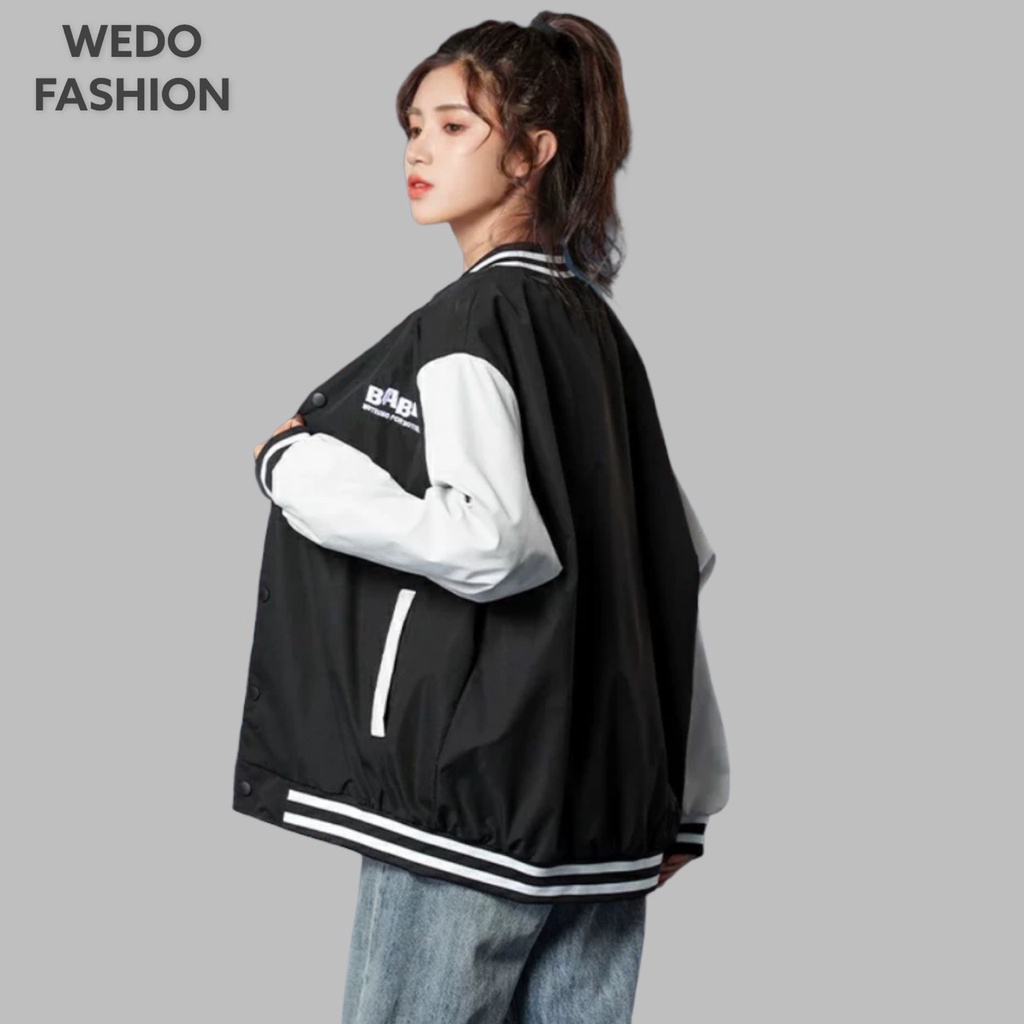 Áo khoác Bomber nữ BABGE, vải dù mero hai lớp cao cấp, logo thêu kèm nút bấm phối màu cá tính WEDO